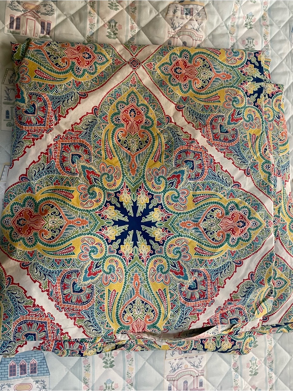 Pottery Barn Navy, Cream, Yellow, Green, Red Paisley Medallion Duvet Cover